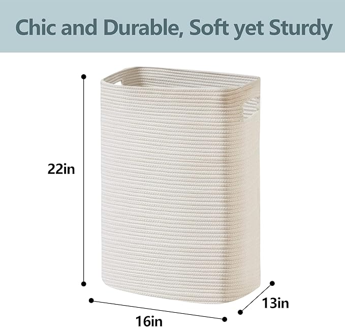 Large Laundry Hamper 16"x13"x22" - Tall Woven Laundry Basket, Cotton Rope Dirty Clothes Hamper, Baby Kids Nursery Wicker Laundry Basket, Bedroom Aesthetic, Soft Laundry Bin, White Hamper, 75L