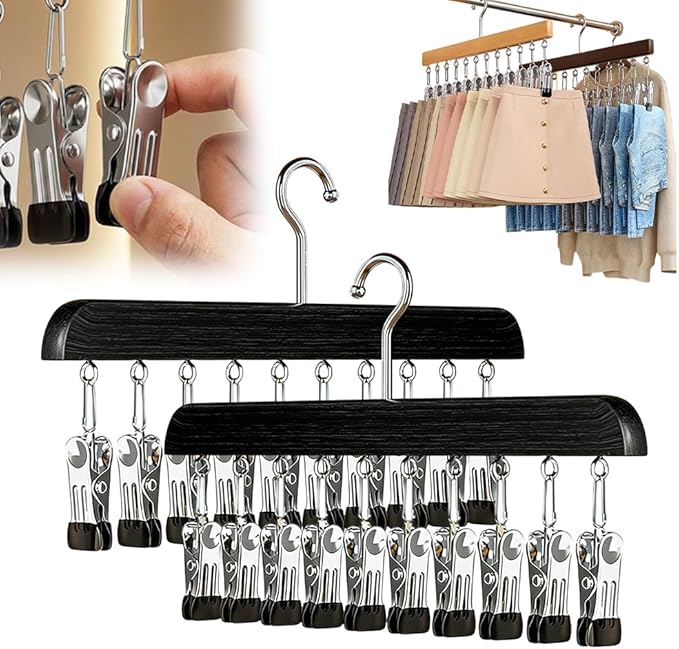 Closet Organizer with 10 Clips, Legging Organizer for Closet, Leggings, Jeans, Hats, Shorts, Socks, 360° Rotating Space Saving Hanging Clothes (Black 10 Clips, 2Pcs)