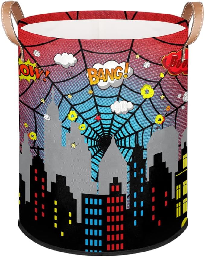 Dirty Clothes Hamper for Boys Laundry Basket City Skyline Spider Web Collapsible Large Round Storage Bin Organizer for Living Room Bedroom Playroom