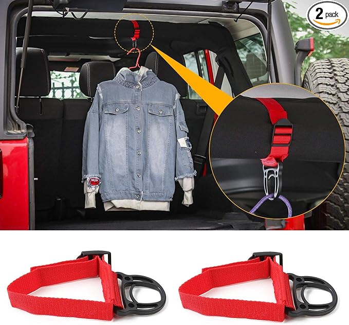 2PCS Roll Bar Coat Hanger Clothes Hook for Jeep Wrangler CJ YJ TJ LJ JK JKU JL JLU JT Sports Sahara Freedom Rubicon & Unlimited X 2/4 Door (Red)