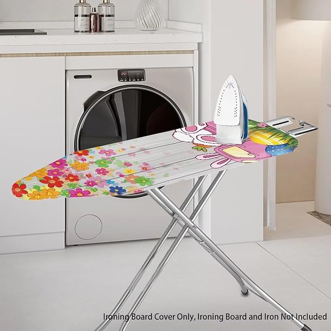 Bunny Thick Iron Board Cover with Elastic Edge Wood Print Ironing Board Covers Loop Fastener Strap Standard Size Easter Living Room Decoration
