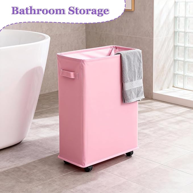42L Slim Laundry Basket with Wheels, Rolling Laundry Hamper for Small Spaces, Collapsible 600D Oxford Dirty Clothes Basket with Brake & Handle, Narrow Laundry Basket for Dorm, Bathroom, Pink