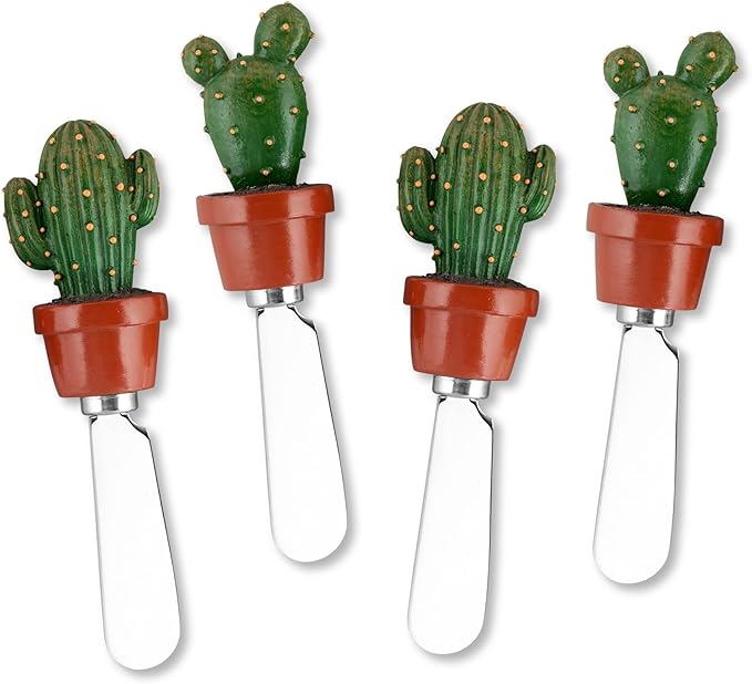 Supreme Housewares Cactus Pot Cheese Spreaders, Hand-Painted Resin Handles with Stainless Steel Blades for Spreading Cream Cheese, Butter, and Jam, Assorted Designs, Set of 4