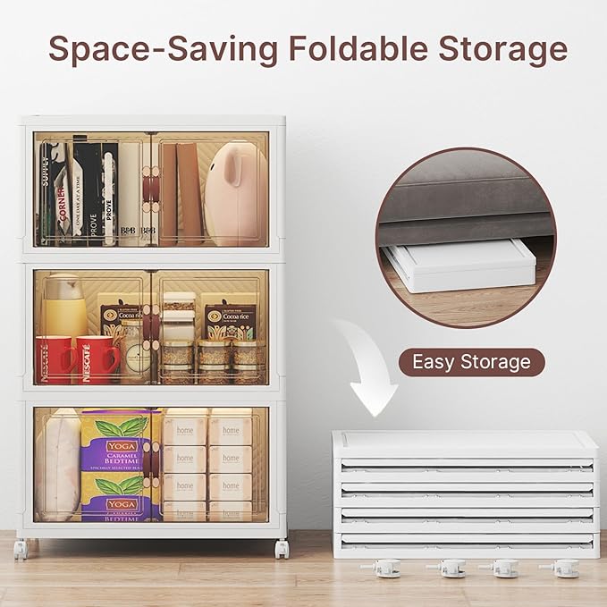 Extra Large Stackable Storage Bins, 48QT*3 Tier Storage Bins with Lids, Folding Storage box with Doors and Wheels, Collapsible Plastic Drawers for Home, Garage, Office (3, White, Medium)