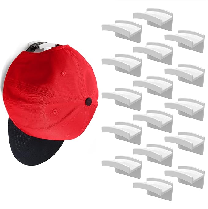Modern JP Adhesive Hat Hooks for Wall (16-Pack) - Minimalist Hat Rack Design, No Drilling, Strong Hold Hat Hangers - USA Patented, White