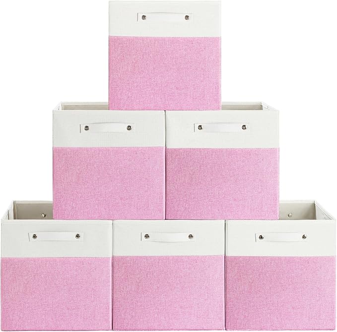 13 x 13 Inch Fine Linen Storage Bins with Handles，Fabric Cube Boxs，Basket Organizers for Shelves for Home, Closet Drawers (White/Pink-6 Pack)