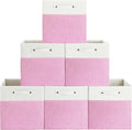 13 x 13 Inch Fine Linen Storage Bins with Handles，Fabric Cube Boxs，Basket Organizers for Shelves for Home, Closet Drawers (White/Pink-6 Pack)