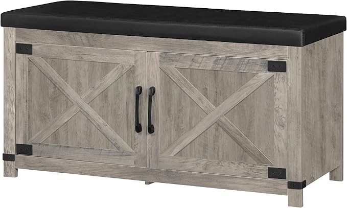 Shoe Storage Bench, 2 Tier Shoe Bench with Padded Seat Cushion & 2 Barn Doors, Entryway Bench with Adjustable Shelf, Farmhouse Shoe Cabinet for Living Room, Bedroom, Greige SB26605BK