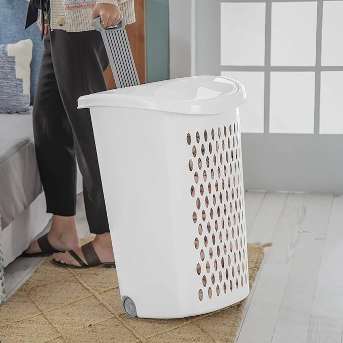 Ultra Wheeled Design Clothes Laundry Basket, Mind Reader Basket Collection，135 Liter （20 1/8" x 15 3/8" x 26 3/4"）Capacity, Laundry Hamper White Lid & Base w/Plastic Handle & Wheels
