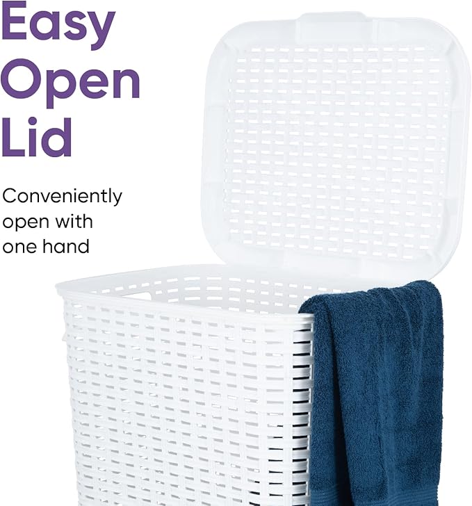 Plastic Laundry Hamper with Lid, Designed Laundry Hamper Basket, Beige Tall Cloths Hamper Organizer with Cut-out Handles. Space Saving for Laundry Room Bedroom Bathroom, Wicker Design 60 Liter
