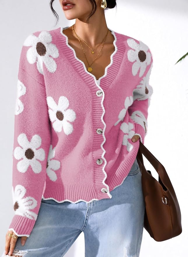 Pink Queen Fuzzy Sweater Cardigan for Women 2025 Fashion Long Sleeve Flower Outerwear Button Down Open Front Cardigan Coat