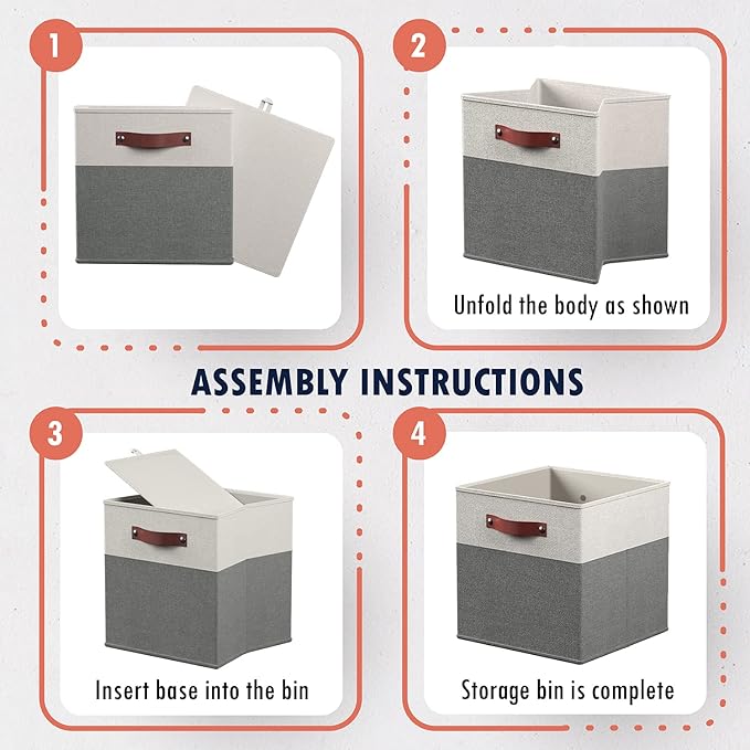 Ornavo Home 11 x 11 Storage Cube Bins, Foldable Collapsible Fabric Storage Bins Box Linen Shelf Basket Cube Organizer for Closet with Leather Handles, 6 Pack, White/Gray