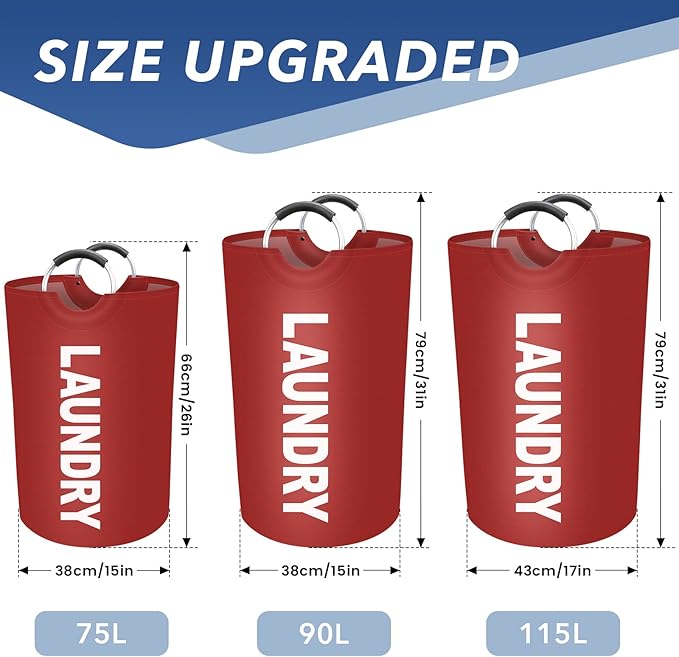 75L Large Laundry Basket, Freestanding Waterproof Laundry Hamper, Collapsible Folding Tall Clothes Hamper, Easy Carry with Foam Protected Aluminum Handles for Dorm, Family, Travel (Red)