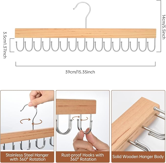 OTraki Hat Hangers for Closet, 2 Pack Wooden Hat Organizer Hanger Rack for Baseball Caps with 10 Clips and 16 Hooks, Baseball Hat Holder for Closet Storage Fits All Caps