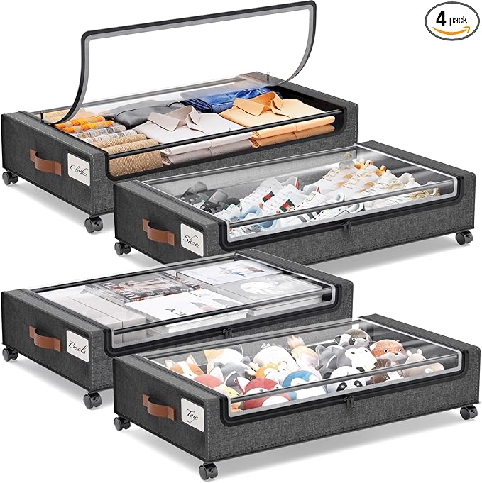 Yecaye Under Bed Storage with Wheels, 4 Pack 60L Under Bed Rolling Storage with Clear Window & Label, Underbed Storage Containers, Rolling Under Bed Metal Drawer for Clothes, Shoes, Books
