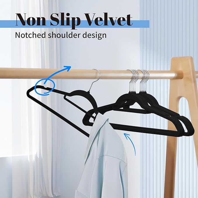 Smartor Black Velvet Hangers 60 Pack, Space Saving Clothes Hangers with Tie Bar, Non-Slip Felt Hanger with Shoulder Notches, Heavy Duty Suit Hanger for Coat, Shirt, Pants, Dress