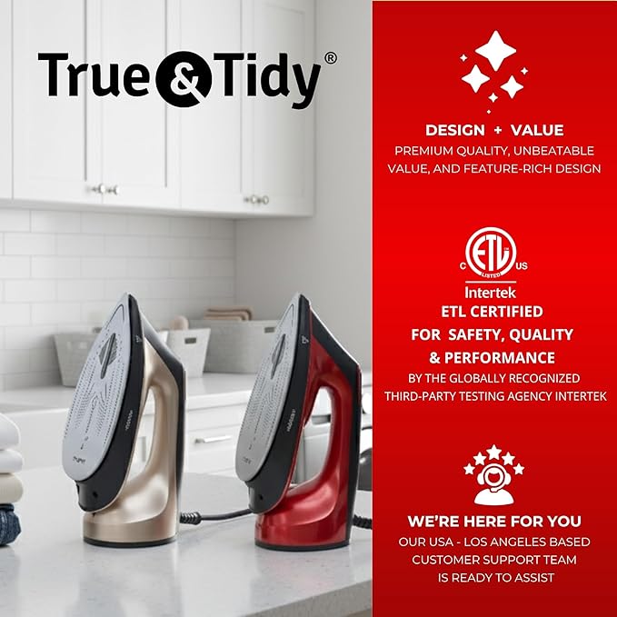 True & Tidy DuoPress XL 2-in-1 Clothes Steamer & Iron, 1600W Powerful Turbo Steam, Large Ceramic Plate, Smart Temperature Control, 3 Steam Modes