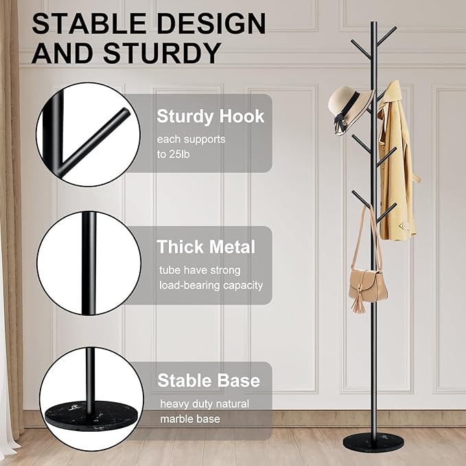 Coat Rack with Natural Marble Base, Metal Freestanding Coat Rack with 8 Hooks, Heavy Duty Coat Hanger Stand for Jacket,Coats,Hats,Scarves & Handbags for Bedroom, Hallway, Entrance,Office,Dorm (Black)