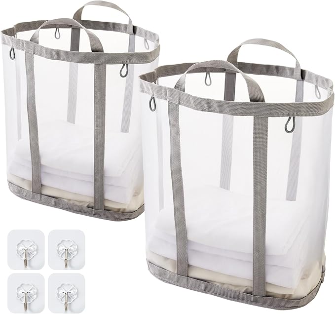 Mesh Laundry bag with Handles, 42L Collapsible Laundry Basket with 2 Hooks, Wall-Mounted Foldable Laundry Hamper Hanging for Bathroom, Dorm or Travel (Grey, 2 Pack）