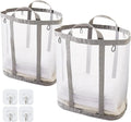 Mesh Laundry bag with Handles, 42L Collapsible Laundry Basket with 2 Hooks, Wall-Mounted Foldable Laundry Hamper Hanging for Bathroom, Dorm or Travel (Grey, 2 Pack）
