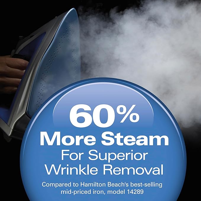 Hamilton Beach Steam Iron & Vertical Steamer for Clothes with Scratch-Resistant Durathon Soleplate, 8' Retractable Cord, 3-Way Auto Shutoff, Anti-Drip, 1800 Watts, Silver and Blue