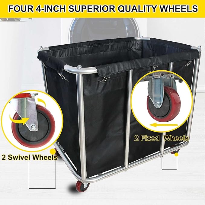 Industrial Commercial Large Rolling Laundry Cart, Heavy Duty Canvas Hamper, 11.5 Bushel, 260LBS Load, Wheeled, Black