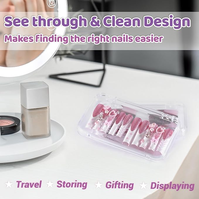 12Pcs Press On Nail Cases Large, 5.1”×2.95” False Nail Packaging Cases with 30Pcs Adhesive Double Sided Tape, Plastic Clear Box for Fake Nails Storage