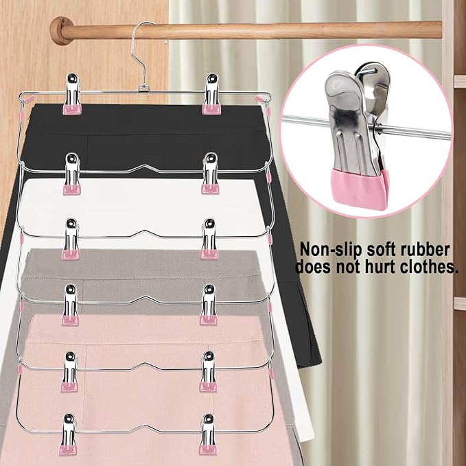 Skirt Pants Hangers with Clips，6Tier Skirt Hangers Space Saving,Metal,Non Slip Closet Organizer and Storage Multi Clothes Shorts Hanger Organization(4, Pink)