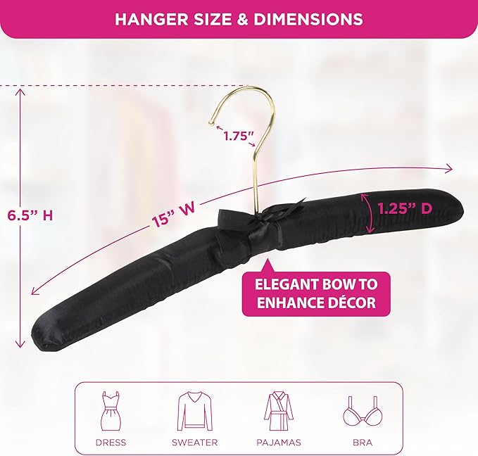 Premium Padded Hangers for Women’s Clothing - Set of 12 Non-Slip Fabric Hangers for Sweaters, Dresses, Coats, Wedding & Bride Hanger, Black