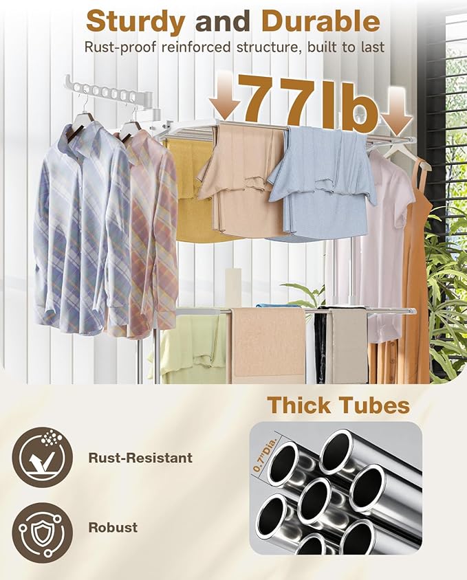 Bigzzia 4 Tier Folding Drying Rack Clothing Clothes Horses Rack Stainless Steel Laundry Drying Rack (Grey White, 4 Tier)