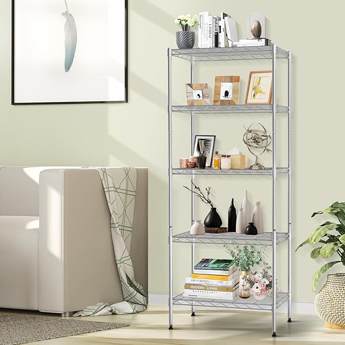 Storage Shelves Heavy Duty Metal Shelving Unit with Leveling Feet, 5 Tier Adjustable Garage Storage Rack, 750 LBS, Utility Metal Shelves for Pantry Kitchen Office (Chrome, 24" L x 14" W x60" H)