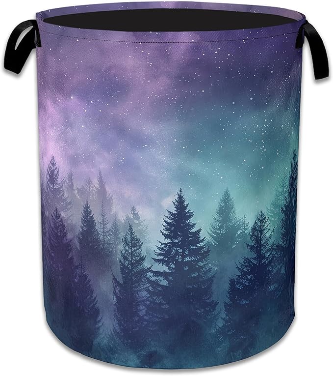 Starry Sky Forest Large Storage Basket Collapsible Laundry Basket Oxford Storage Bin for Toy Bins Gift Baskets Bedroom Clothes Children Nursery Hamper 16" X 20.8"