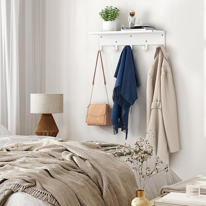 Shelf with Hooks, 17 Inch Coat Rack Wall Mount with 5 Hooks with Shelf, Metal Entryway Coat Hangers Storage Clothes, Bags, Purse, Keys for Living Room, Bedroom, White