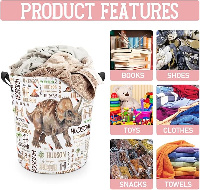 Dinosaur Laundry Basket,Custom Laundry Hamper with Name,Personalized Dinosaur Gifts for Boys Girls,Customize Collapsible Laundry Basket for Bedroom Bathroom,S-16.5"x 13.8"