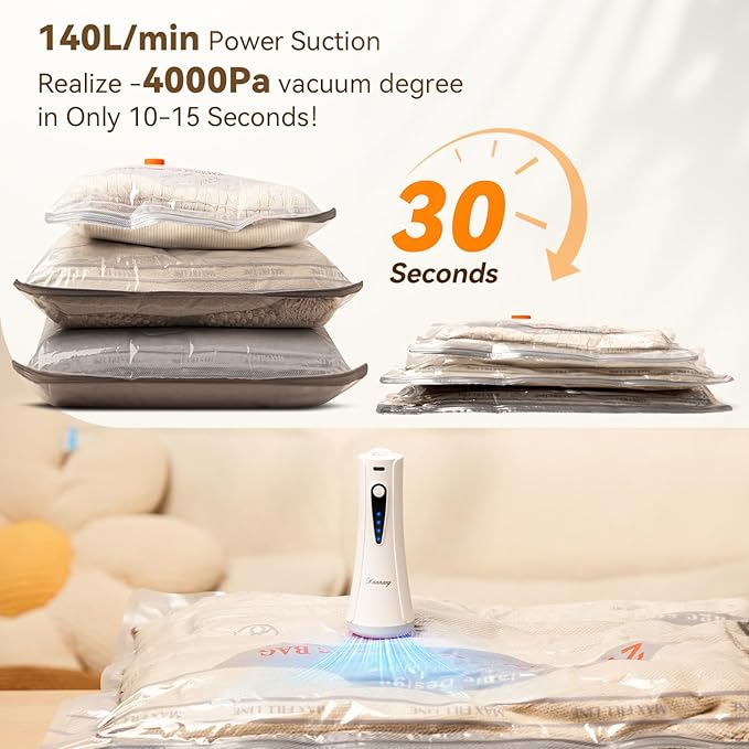 Vacuum Storage Bags for Travel with Rechargeable Air Pump, 12 Pack Space Saver Bags for Clothing, Luggage & Suitcase Compression, Efficient & Portable Storage Solution for Travel Essentials