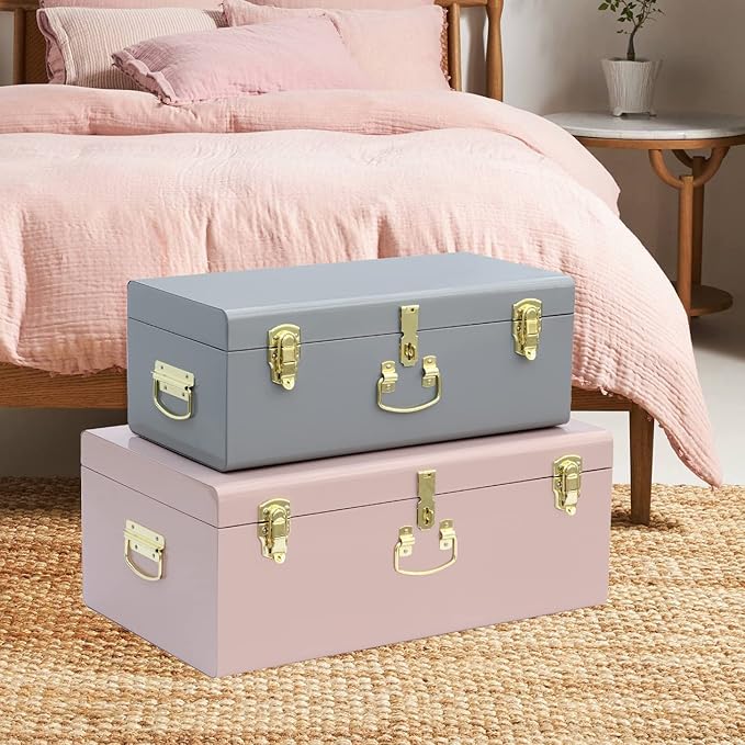 Vixdonos Decorative Metal Box Storage Trunks Set of 2 College Dorm Chest with Lock Hole,23.7X14.2X9.5 Inches(Grey and Pink)