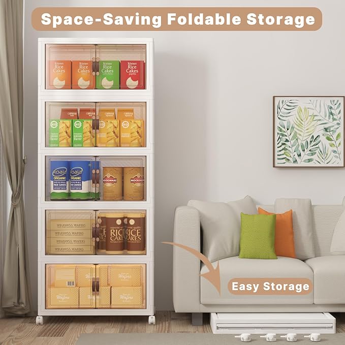 Extra Large Stackable Storage Bins, Lockable Storage Bins with Lids, Folding Storage box with Doors and Wheels, Collapsible Plastic Drawers for Home, Garage, Office (5, White, Large)