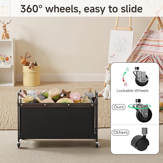 StorageWorks Toy Chest Storage with Wheels, Extra Large Kids Toy Box, Toy Storage Organizer, Metal Toybox for Bedroom, Living Room Area, Kids Room, 135L, Black