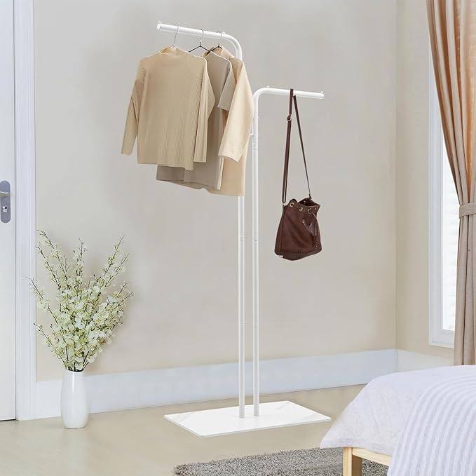 67in-White Clothing Rack with Base, Double Rod Freestanding Coat Rack Hanging Clothes, Bags, Hat and Shoes for Entryway Bedroom Garment Organizer, Clothing Stores Boutique Retail, Studio