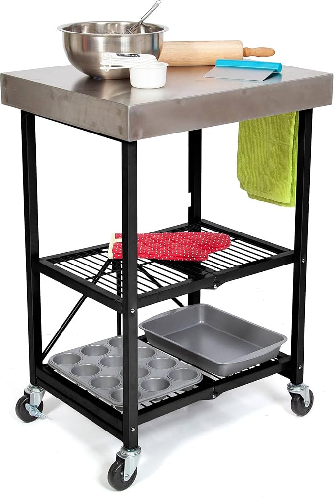 Origami Foldable Kitchen Island Cart, Rolling Storage Table Organizer with Wheels, Black