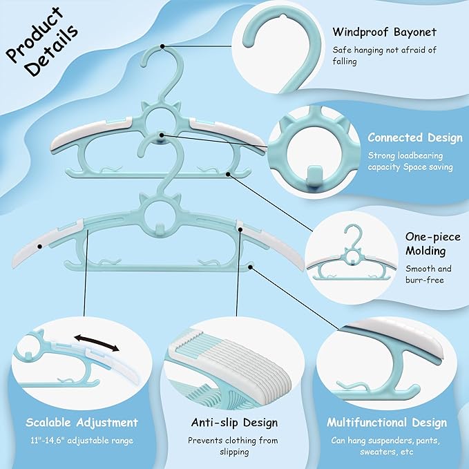 40pcs Baby Nursery Closet Hangers,Toddler Hanger Extendable and Non-Slip for Infant Kids Clothes,11"-14.6" Adjustable Child Coat Pant Hanger for Boy and Girl (Blue)