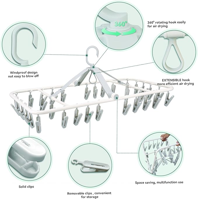 Plastic PP Drying Hanger, Anti-Rusty Drying Rack for Clothes, Socks, Lingeries, Delicates, Drying Hanger with 32 Clips for Baby Clothes, Towels