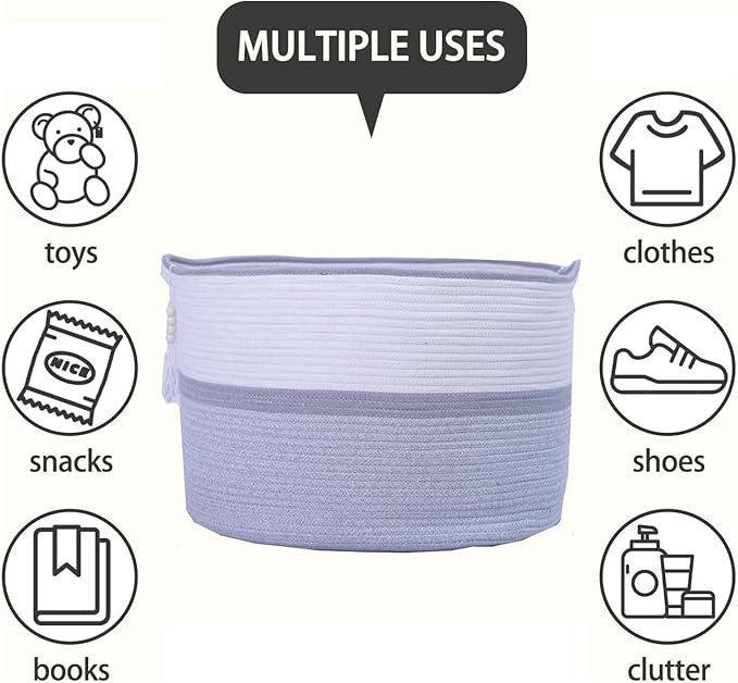 Large Woven Rope Laundry Hamper, Cotton Rope Storage Basket with Handles, Multipurpose Storage Basket for Laundry, Toys, Blankets in Bedroom, Bathroom, Living Room - Stylish & Durable (Gray, 100L)
