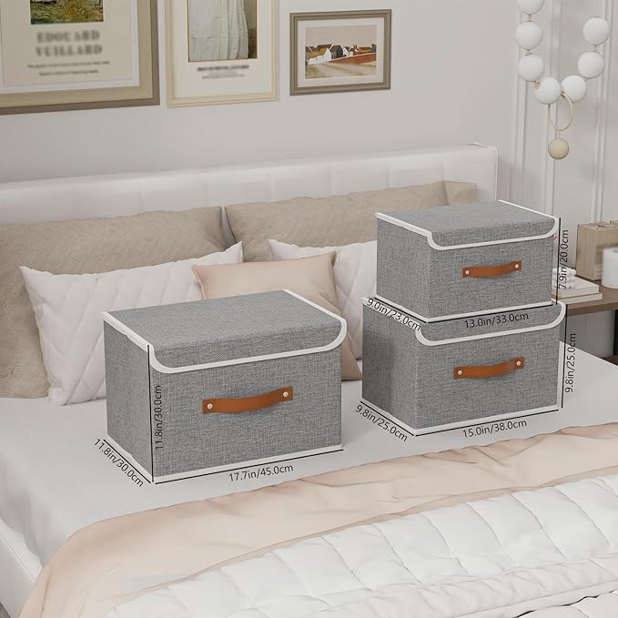 Yawinhe Collapsible Storage Bin, Cube Organizer Basket, Fabric Box with Lids, Washable and Leather Handle, for Home, Closet, Grey, 15.0''Lx9.8''Wx9.8''H, 7-Pack, USNK024GL-7