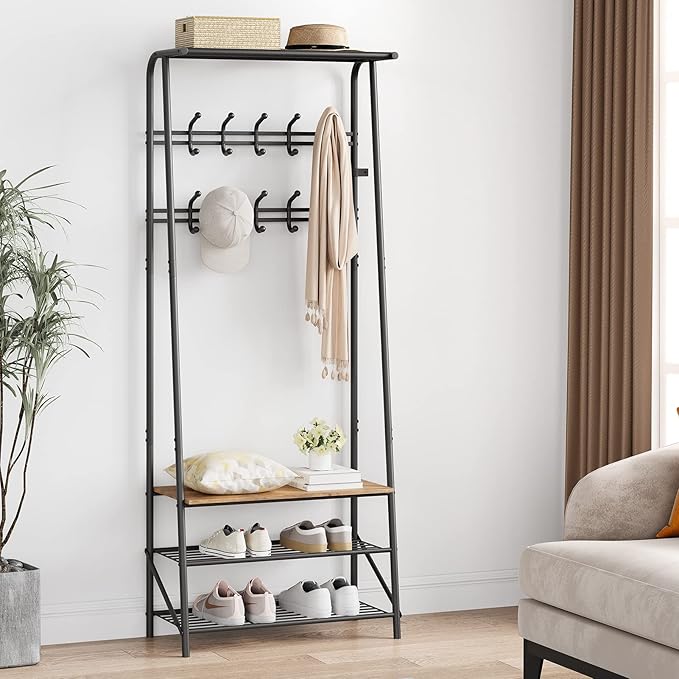 Coat Rack, 4-in-1 Hall Tree, Entryway Shoe Bench Coat Standwith Metal Frame, 3-Tier Shelf and 10 Hooks for Entryway,Hallway, Bedroom