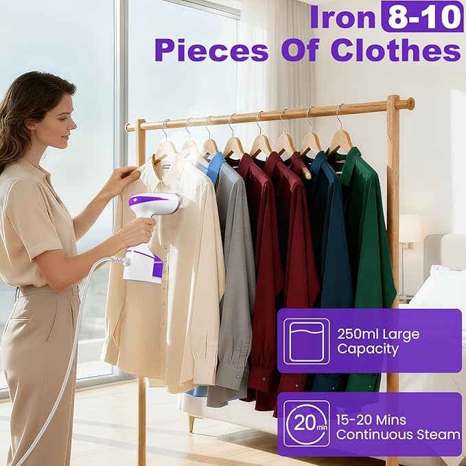 DBC Steamer for Clothes 1500W, 20S Fast Heat-up Portable Handheld Steamer for Clothes, 2 in 1 Fabric Wrinkle Remover with Fabric Brush, 250ml Water Tank, Ideal for Home, Office, Travel, Purple