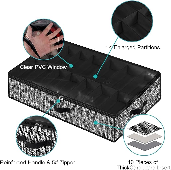 Under Bed Shoe Storage Organizer for Closet 2 Pack- Fits 28 Pairs Underbed Shoes Container Boxes with 2 Sturdy Handles and Clear Window Black