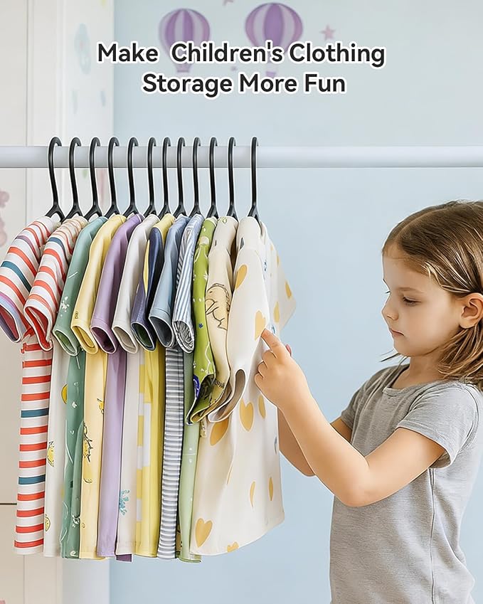 Plastic Kids Hangers, Pack of 60, Ultra Slim Closet Hangers, Non-Slip, Space-Saving, Sturdy, 14" W x 7" H (for Children Aged 7-12 Years), Black, UAPY0760B