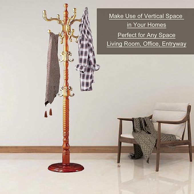 Coat Rack Freestanding, Wooden Coat Tree Stand with 14 Hooks, Easy Assembly with Stable Disc Base for Bedroom, Hallway, Entrance Office for Hats, Coats, Scarves (Begonia color)