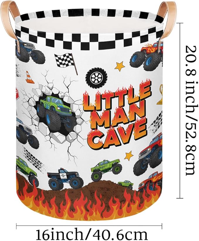 Large Laundry Basket Hamper - Monster Car Trucks Collapsible Storage Bin for Blankets, Kids Toys, Clothes, Little Man Cave 62L Tall Baby Nursery Hamper for Bathroom, Boys Bedroom Decor,Gift Basket